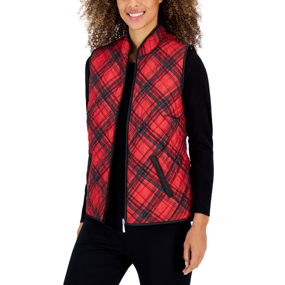 Karen Scott Small Petite Red, Green & Black Plaid Quilted Puffer Vest NWT